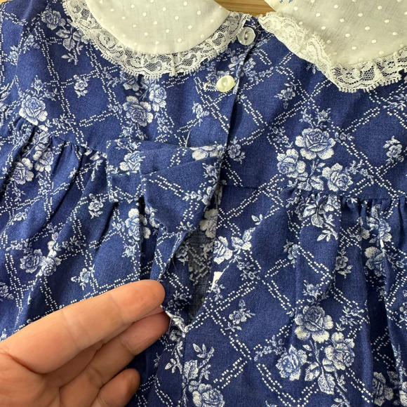 Vintage Mini World Girls Dress Size 3 Floral Lace Peter Pan Collar Blue USA Made - Picture 10 of 11